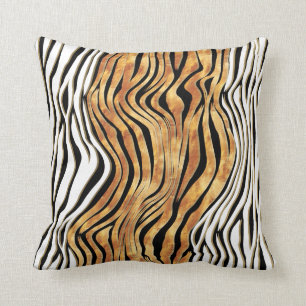Zebra stripes animal print black gold orange white throw pillow