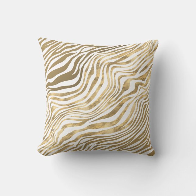 Zebra stripes animal print rich gold white art throw pillow (Front)