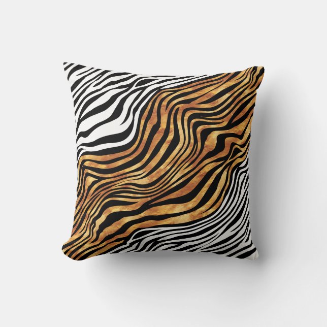 Zebra stripes animal print white black orange throw pillow (Front)