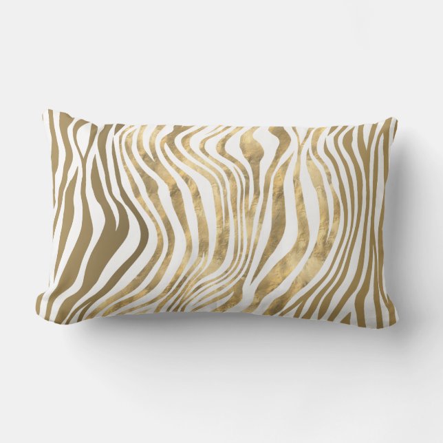 Zebra stripes animal print white faux foil gold lumbar pillow (Front)