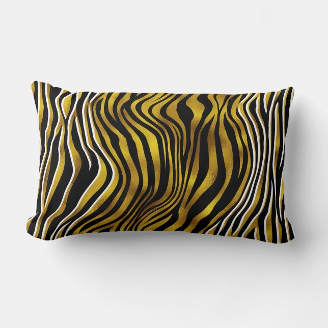 Zebra stripes animal skin print gold black white lumbar pillow (Front)