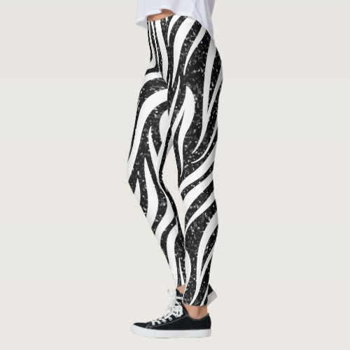 Zebra Stripes Black Glitter Wild Animals Print Leggings