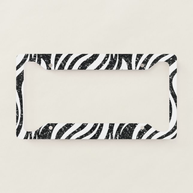 Zebra Stripes Black Glitter Wild Animals Print License Plate Frame (Front)