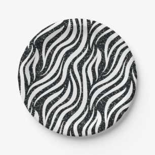 Zebra Stripes Black Glitter Wild Animals Print Paper Plates