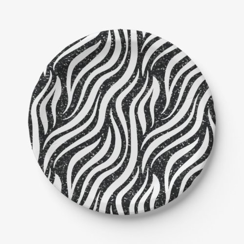 Zebra Stripes Black Glitter Wild Animals Print Paper Plates