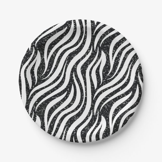 Zebra Stripes Black Glitter Wild Animals Print Paper Plates (Front)