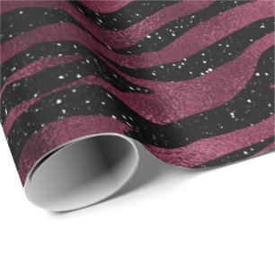 Zebra Stripes Black Marsala Glitter Burgundy Glam Wrapping Paper