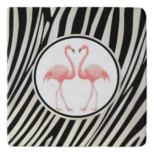 Zebra Stripes Black & Whit Pattern Pink Flamingo Trivet