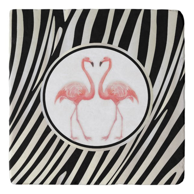 Zebra Stripes Black & Whit Pattern Pink Flamingo Trivet (Front)