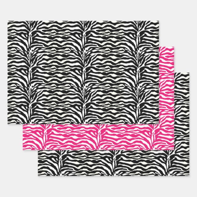 Zebra Stripes, Black & White, Hot Pink  Wrapping Paper Sheets (Set)