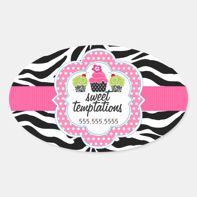 Zebra Stripes Cupcake Bakery Business Oval Sticker (Front)