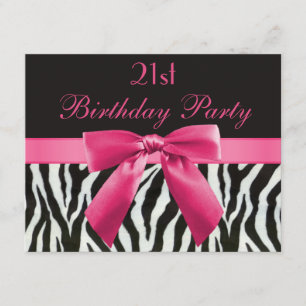 Zebra Stripes & Hot Pink Printed Bow 21st Birthday Invitation