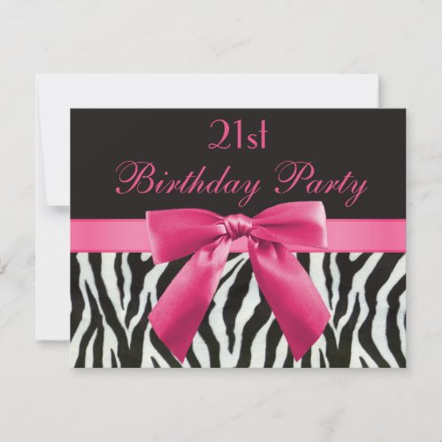 Zebra Stripes  Hot Pink Printed Bow 21st Birthday Invitation