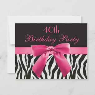 Zebra Stripes & Hot Pink Printed Bow 40th Birthday Invitation