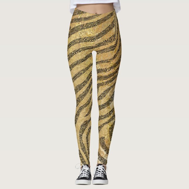 Zebra Stripes on Gold Marble Texture Leggings (Front)