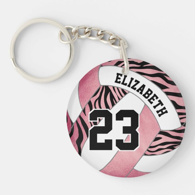 zebra stripes on pink girls volleyball keychain (Front)