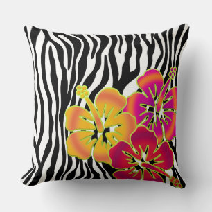 Zebra Stripes pattern + hibiscus flowers Throw Pillow