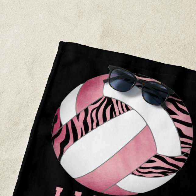 zebra stripes pink girly personalized volleyball beach towel (In Situ)
