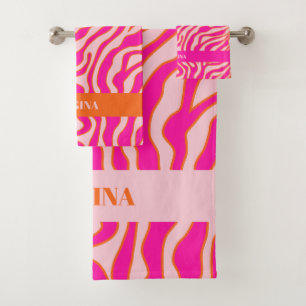 Zebra Stripes Pink Orange Wild Animal Print - Name Bath Towel Set