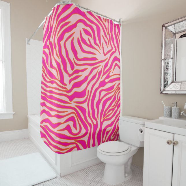 Zebra Stripes Pink Orange Wild Animal Print Shower Curtain (In Situ)