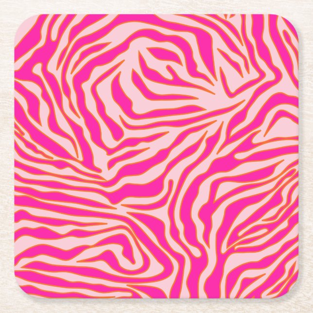 Zebra Stripes Pink Orange Wild Animal Print Square Paper Coaster (Front)