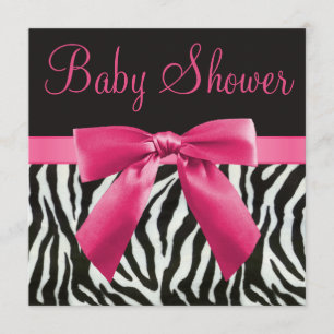 Zebra Stripes & Pink Printed Bow Baby Shower Invitation