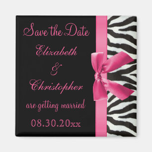 Zebra Stripes & Pink Printed Bow Save The Date Magnet