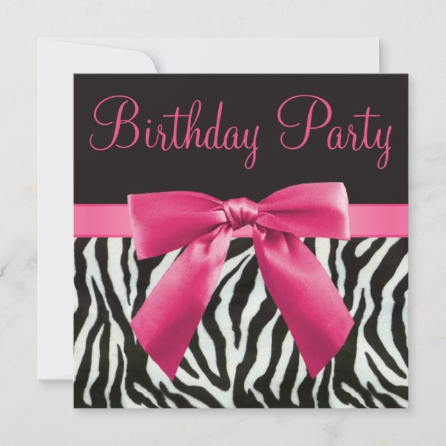 Zebra Stripes & Printed Pink Bow Birthday Party Invitation (Front)