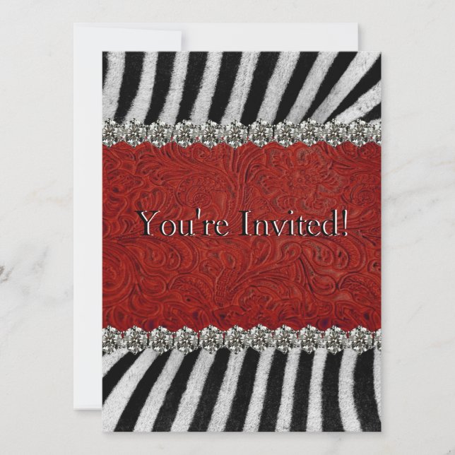 Zebra Stripes Red Leather Rhinestones (faux) Party Invitation (Front)