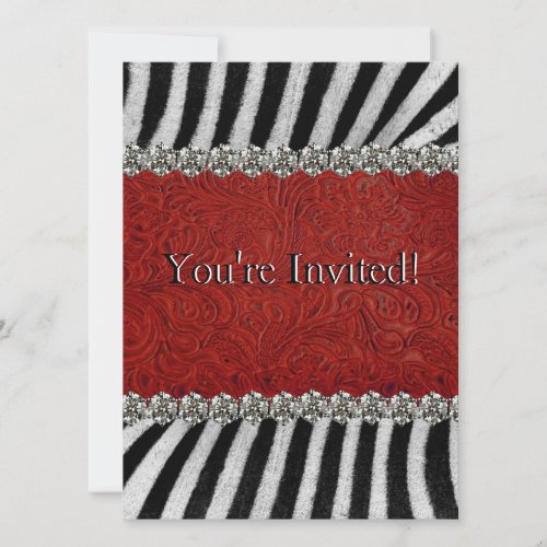 Zebra Stripes Red Leather Rhinestones (faux) Party Announcement