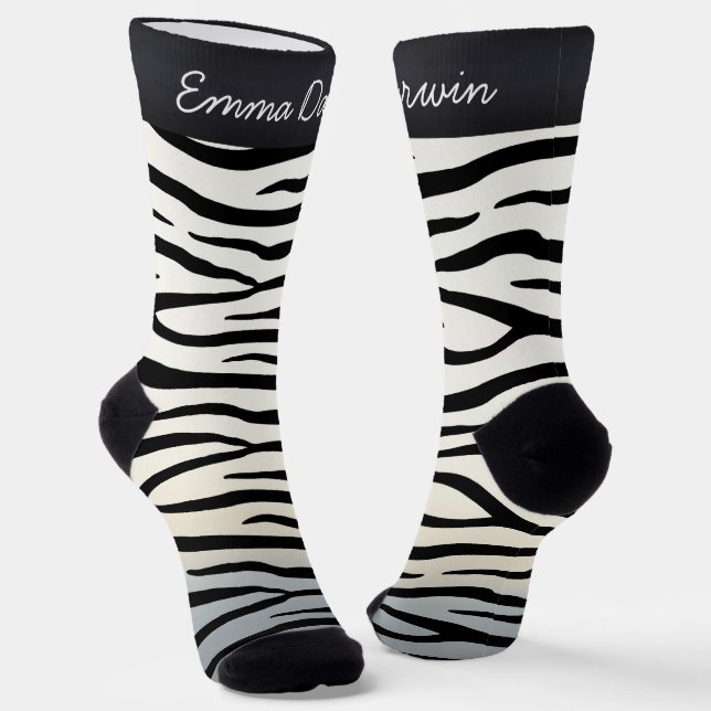 Zebra Stripes Wild Animal Print Personalized Name Socks (Angled)