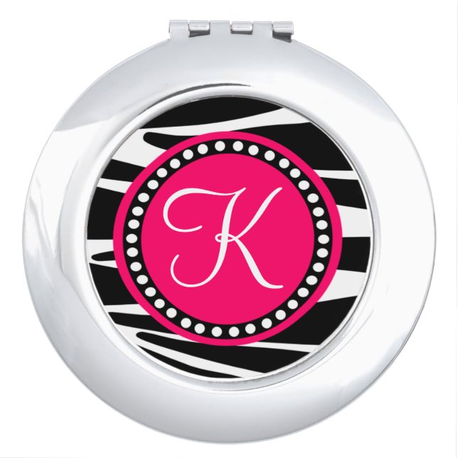 Zebra Stripes With Hot Pink Circle Monogram Area Vanity Mirror (Front)