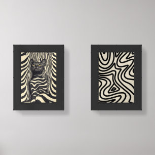 "Zebra Style Optical Art with Cat - Abstract Black Wall Art Sets