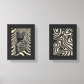 "Zebra Style Optical Art with Cat - Abstract Black Wall Art Sets