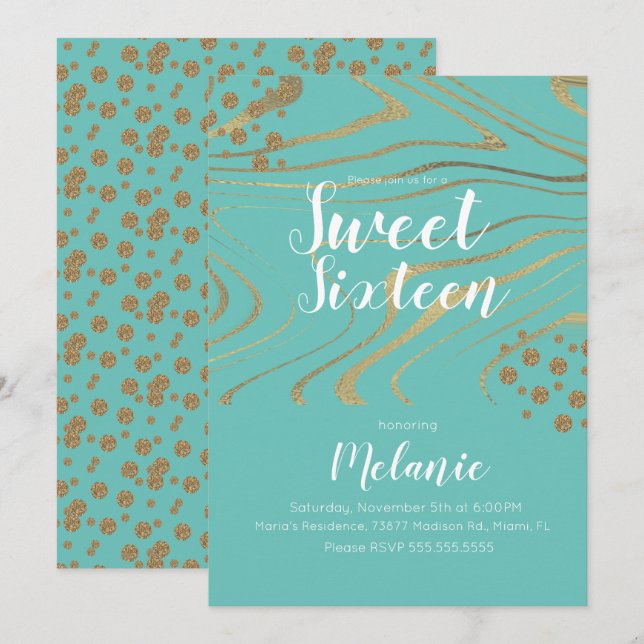 Zebra Sweet 16 Glitter Faux Gold and Foil Geo Invitation (Front/Back)