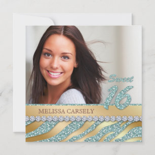 Zebra Sweet 16 Party Invite Teal Gold Jewelry