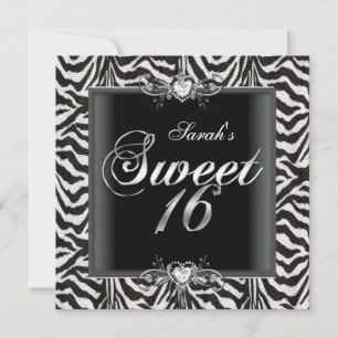 Zebra Sweet Sixteen 16 Birthday Black White Invitation