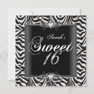 Zebra Sweet Sixteen 16 Birthday Black White Invitation