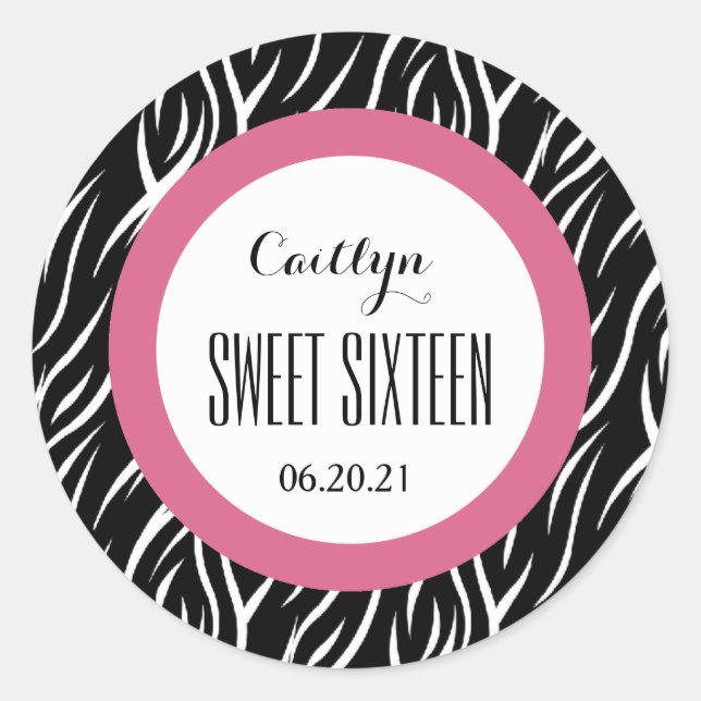 ZEBRA Sweet Sixteen 16 Custom V16 BLACK and PINK Classic Round Sticker (Front)
