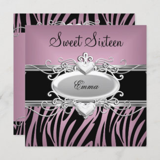 Zebra Sweet Sixteen 16 Party Silver Pink Black Invitation