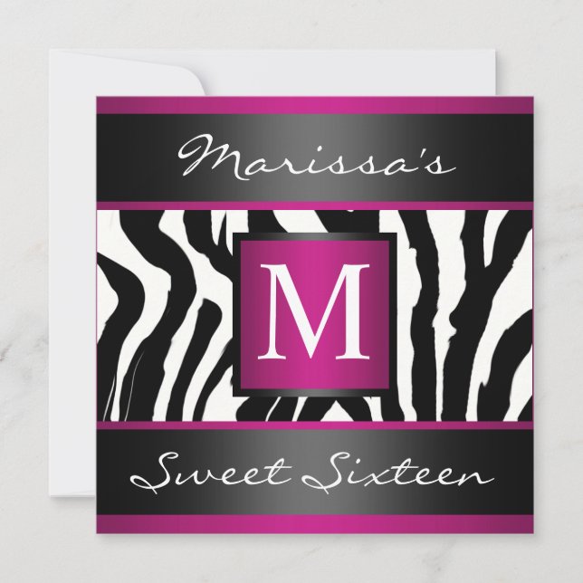 Zebra Sweet Sixteen Monogram Invitation (Front)