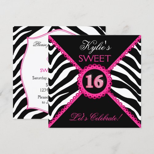 Zebra Sweet Sixteen Pink Lace Bling Invitations