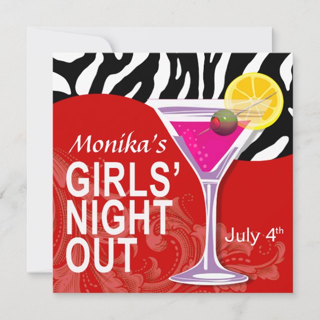 Zebra Swoop Girls' Night Out Cocktail Party Invitation (Front)
