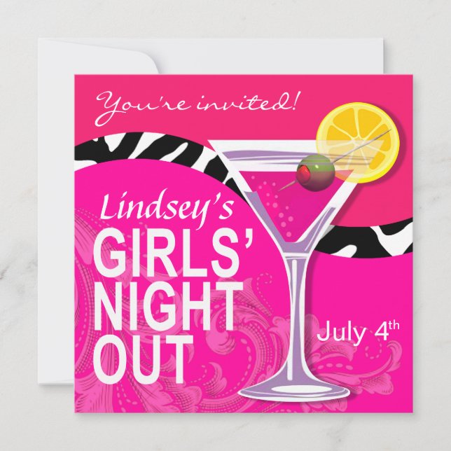 Zebra Swoop Girls' Night Out Cocktail Party Invitation (Front)