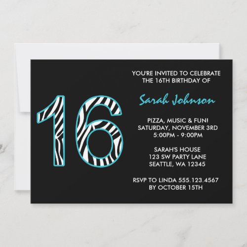 Zebra Teal and Black Sweet 16 Birthday Invitation