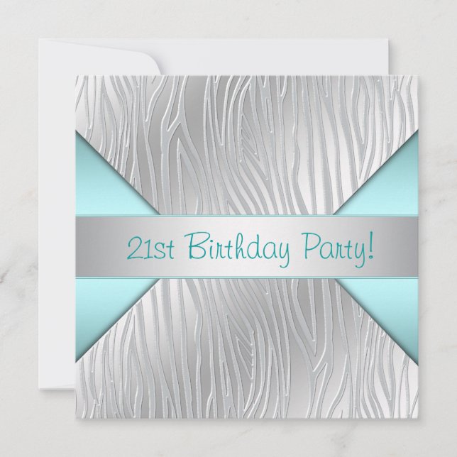 Zebra Teal Blue 21st Birthday Party Invitation (Front)