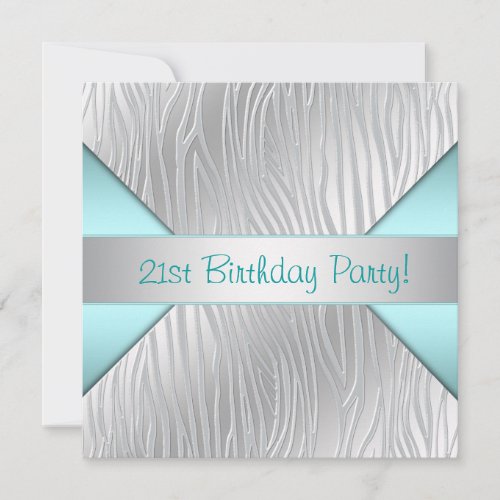 Zebra Teal Blue 21st Birthday Party Invites