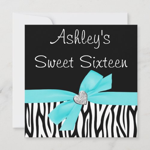 Zebra Teal Blue Bow Diamond Sweet 16 Invitations