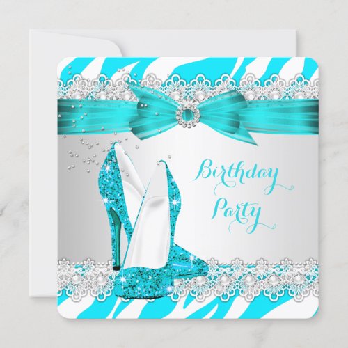 Zebra Teal Blue High Heel Lace Pearl Birthday Invitation