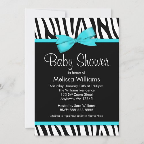 Zebra Teal Blue Printed Bow Baby Shower Invitations